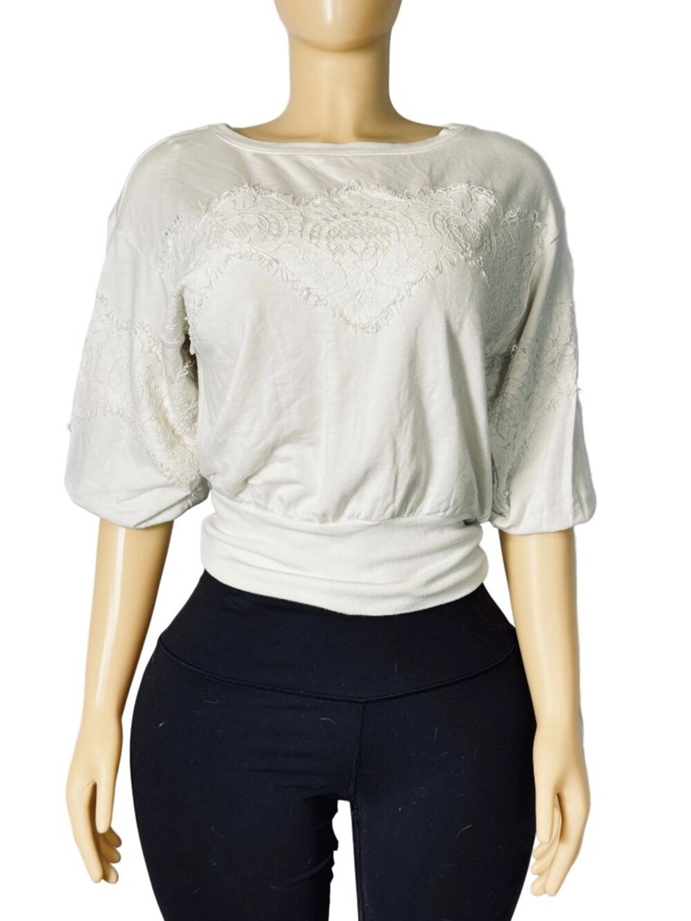 Express White Short Sleeved Blouse with Lace Embellishment Women's S Pre Owned